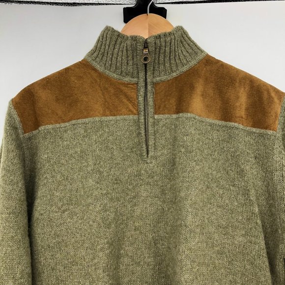 Pendleton Shetland Wool Olive Green Quarter Zip suede elbow patch sweater SP - Picture 5 of 16